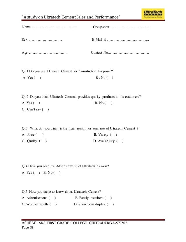 questionnaire on dealers perception summer internship project report on cement industry